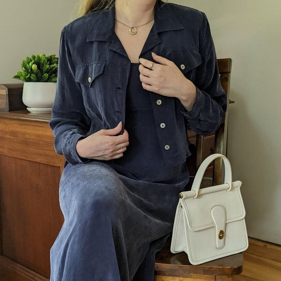 Vintage Navy Blue Silky Dress & Jacket Set - Picture 4 of 9